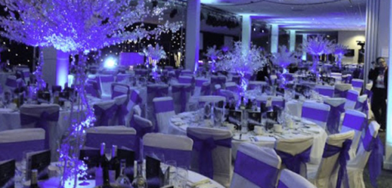 Banquet hall set with purple sashes and illuminated branch centrepieces