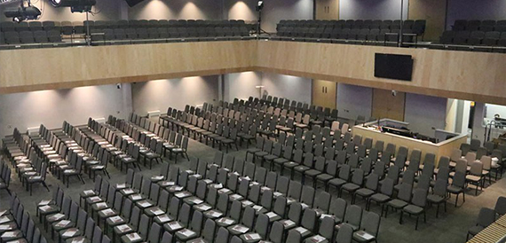 Auditorium seating viewed from the upper balcony overlooking the main floor