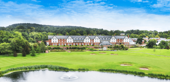 Aerial view of Carden Park's hotel, golf course and lake