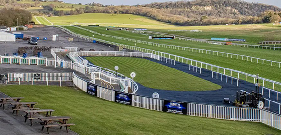 Aerial view of Chepstow Racecourse's track and grandstands