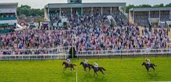 Horses racing on the track in front of a packed grandstand.