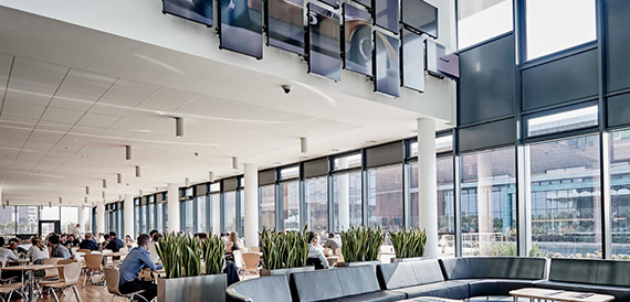 Cafe area with wooden tables, chairs and floor-to-ceiling windows overlooking the city.