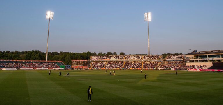 Cricket pitch under floodlights with players and a crowded stand