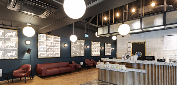 Lounge bar with navy walls, framed artwork and a red sofa