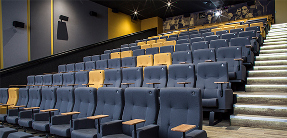 Cinema auditorium with blue tip-up seats and a wood-effect floor