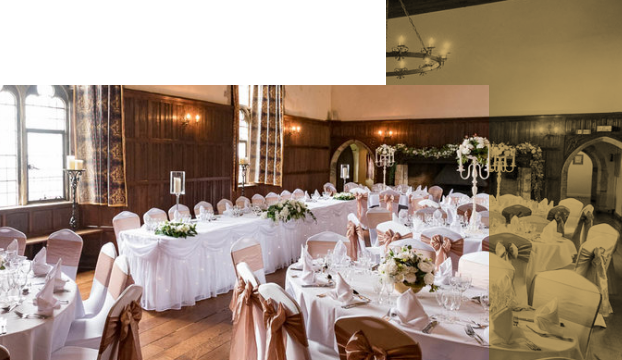 Collage graphic showing a wood-panelled wedding breakfast room dressed with pink chair sashes